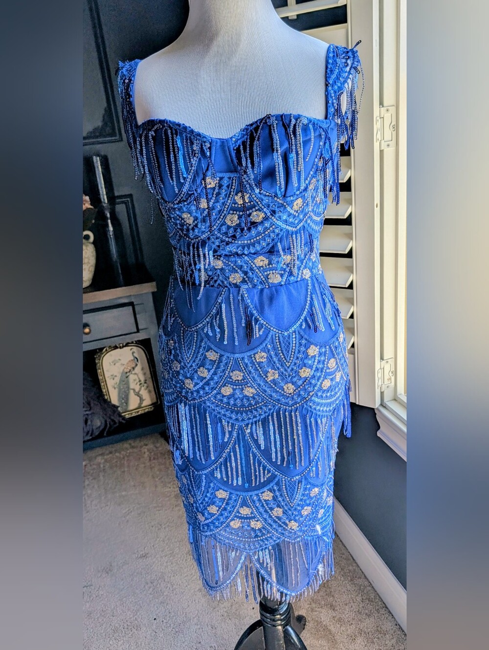 Bella Barnett Elegant Royal Blue Beaded Midi Dress with Fringe